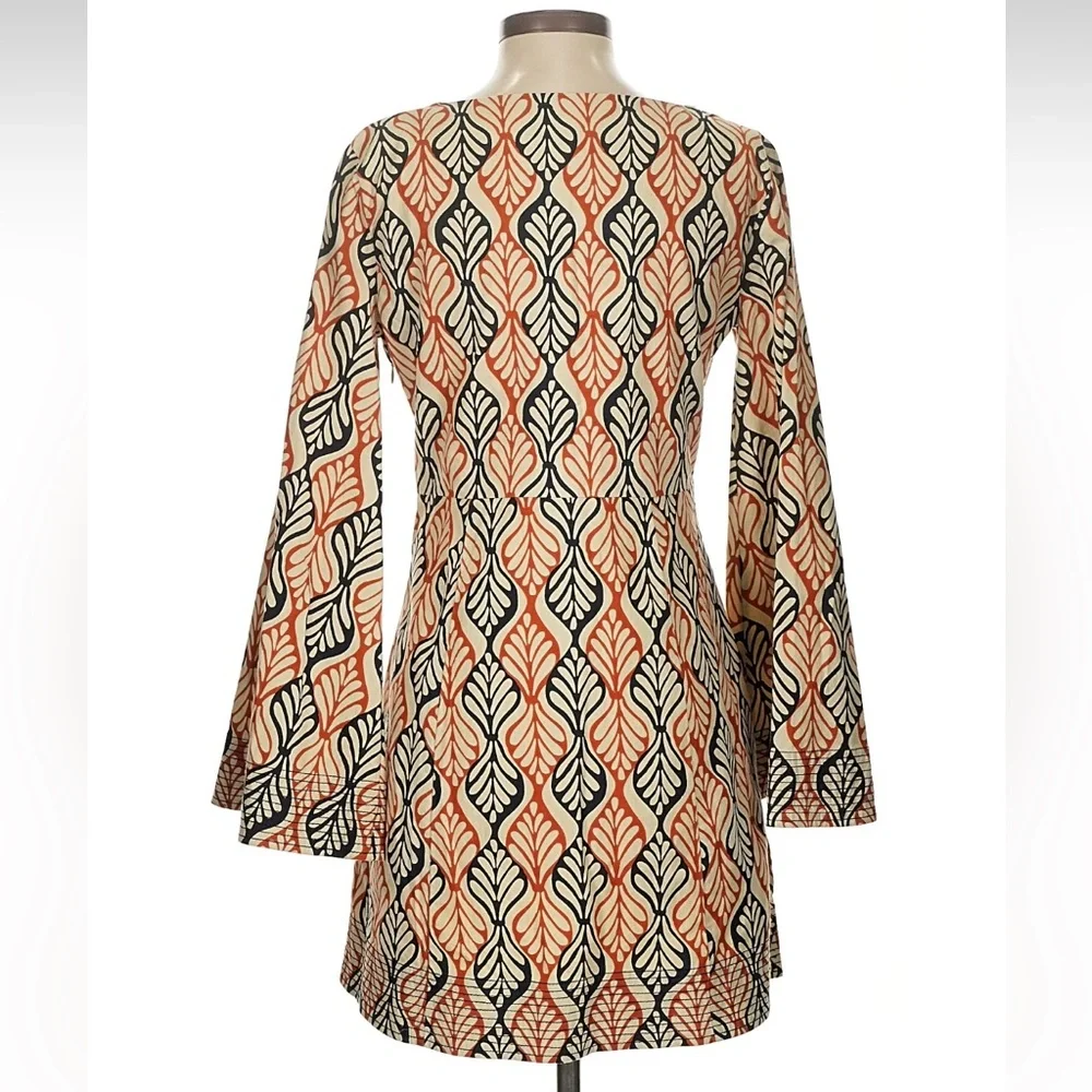 Free People Boho Tunic Dress Lace-Up Bell Sleeve Leaf Print – Small - Picture 2 of 7